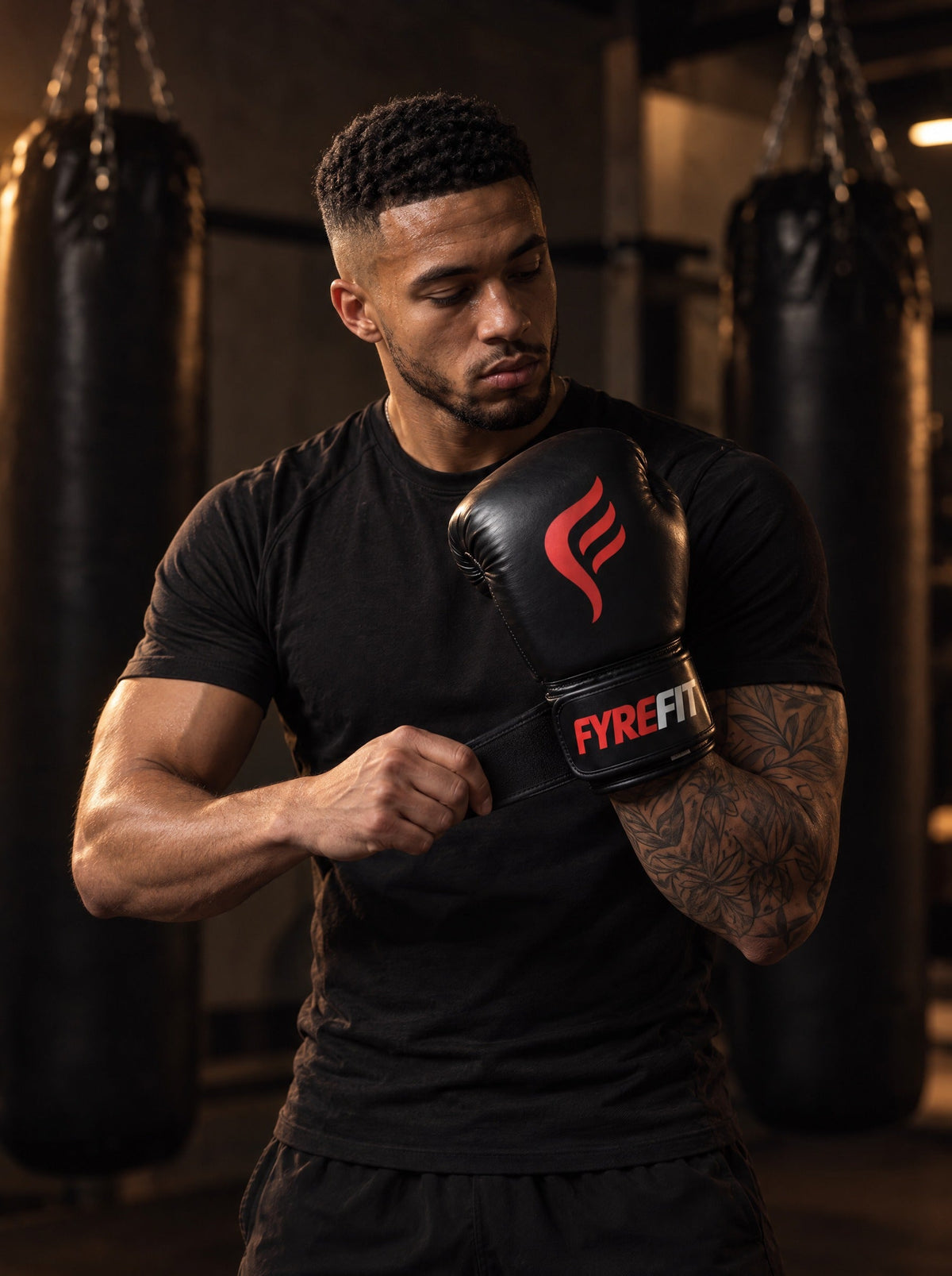 Fyrefit Boxing Gloves (Black), fastening the wrist strap