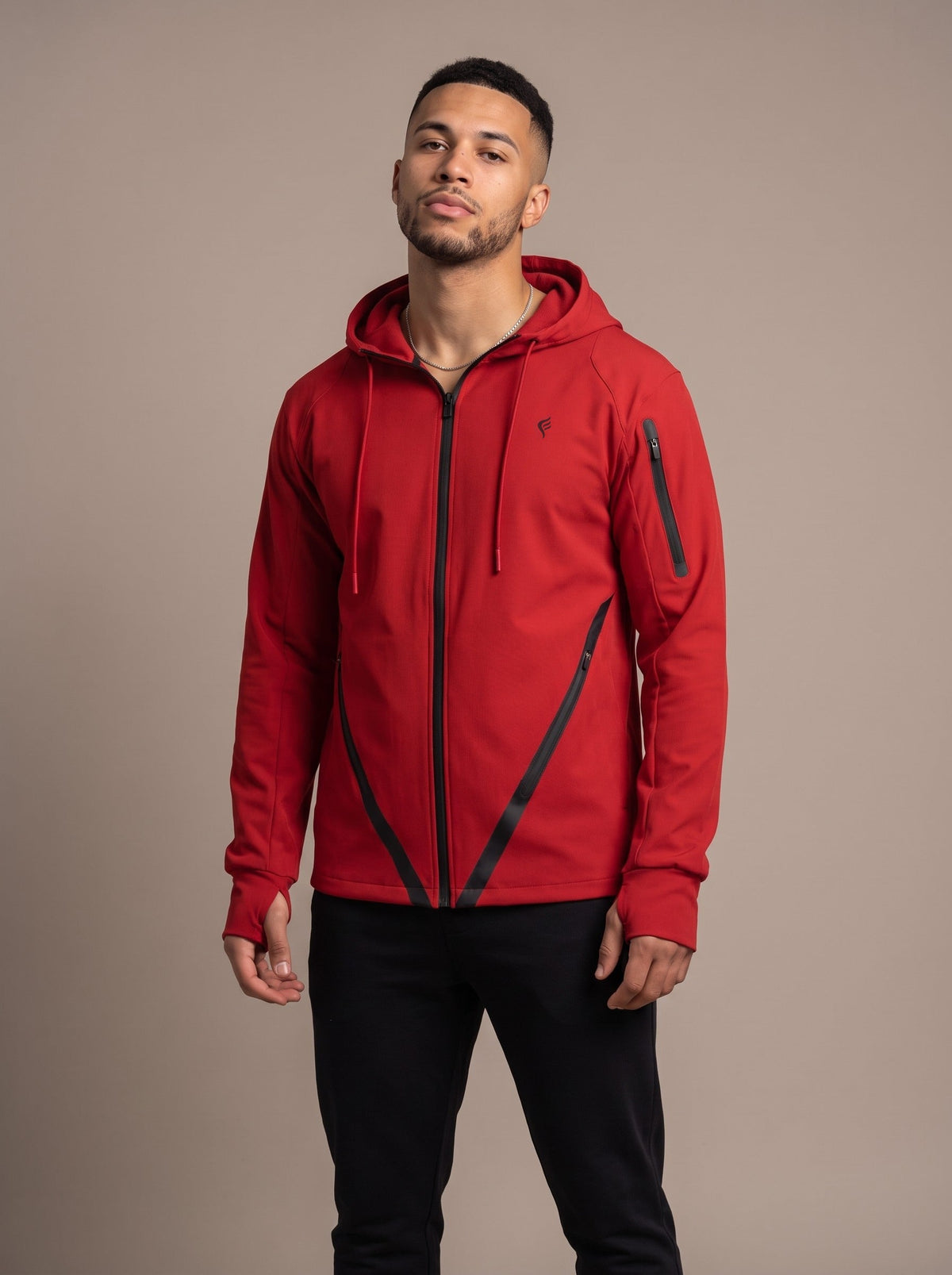 Men's Full Zip Windbreaker in Red, front, on model