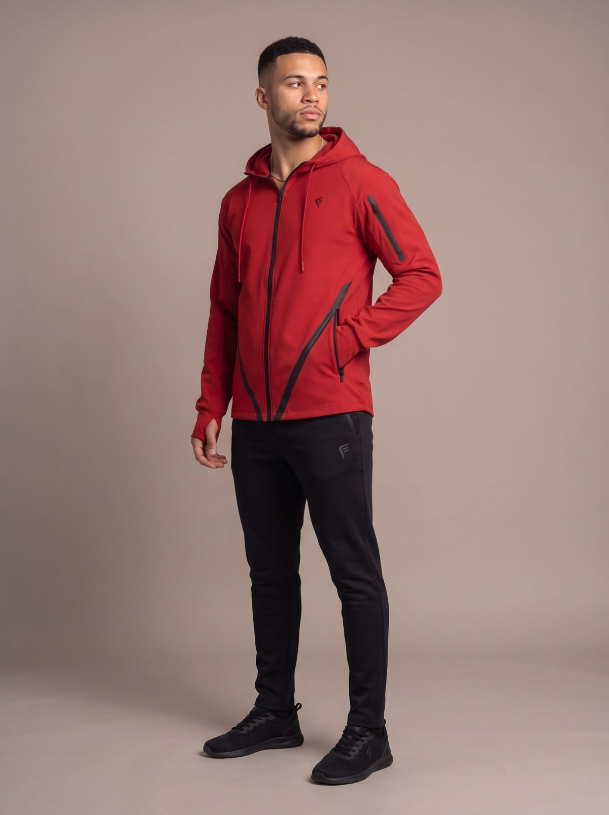 Men's Full Zip Windbreaker in Red, side, on model