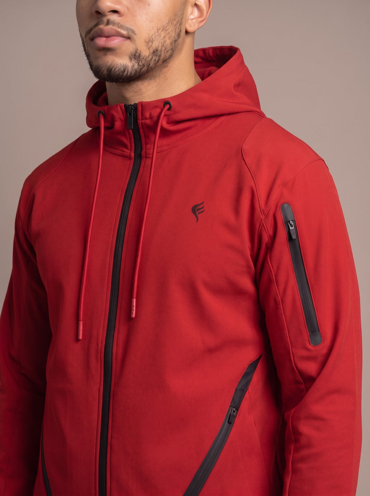 Men's Full Zip Windbreaker in Red, zip and hood close-up