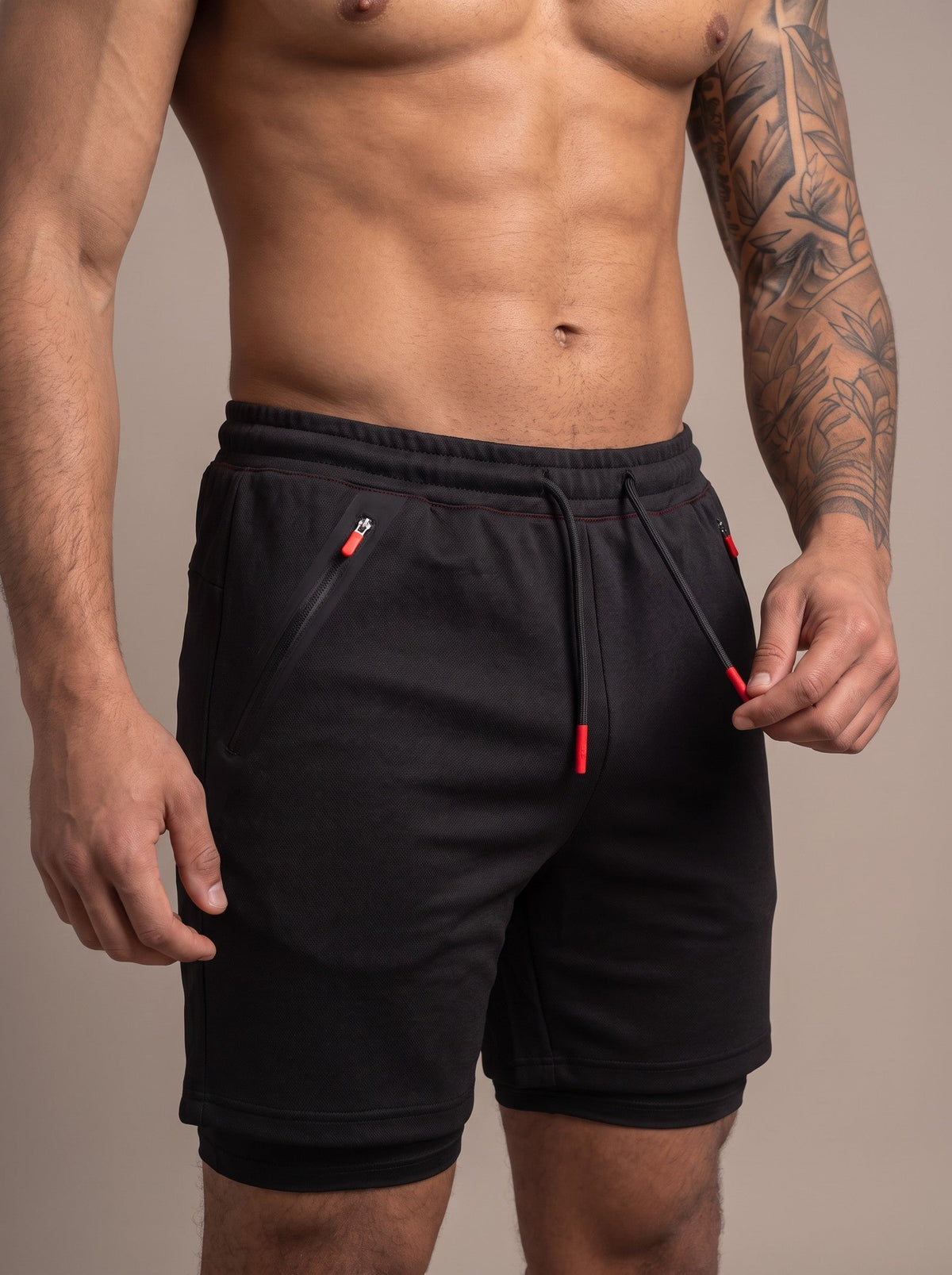 Men's Performance Shorts in Black, waistband and zip pocket close-up