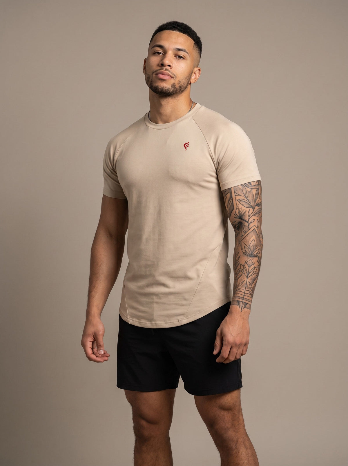 Men's Performance Tee in Macadamia, front, on model