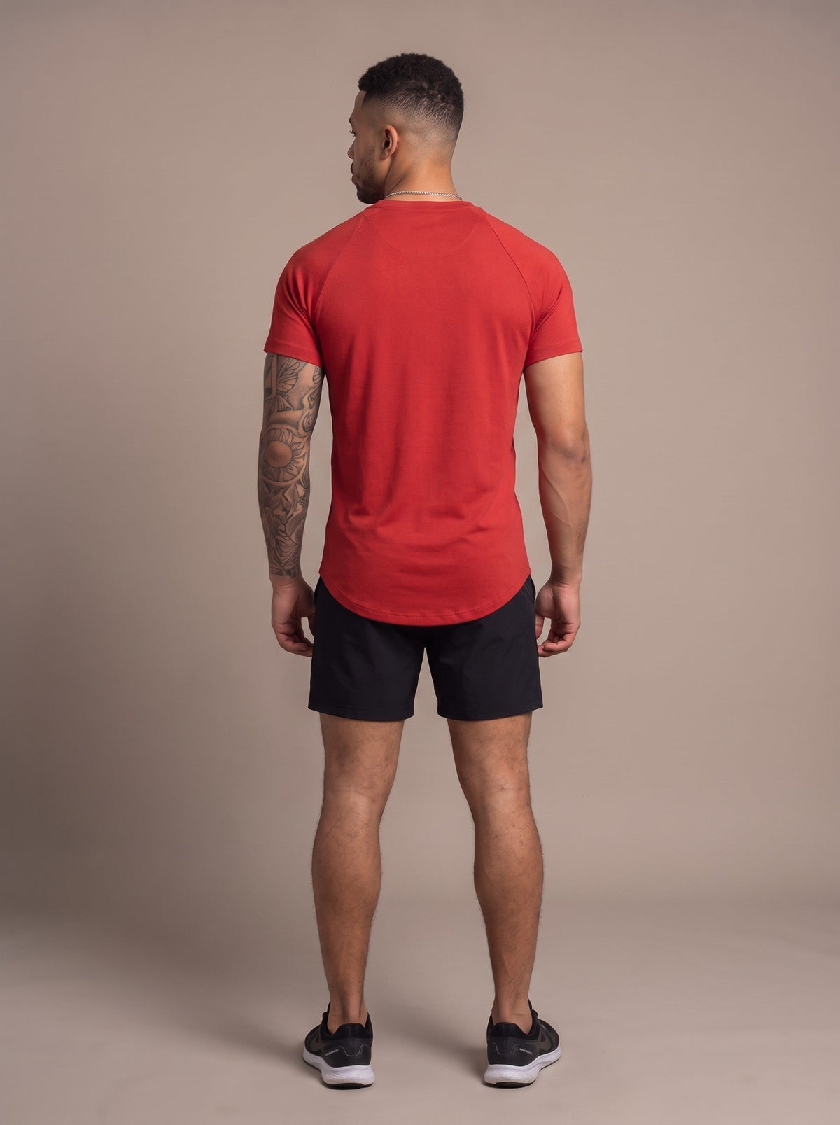 Men's Performance Tee in Red, back, on model