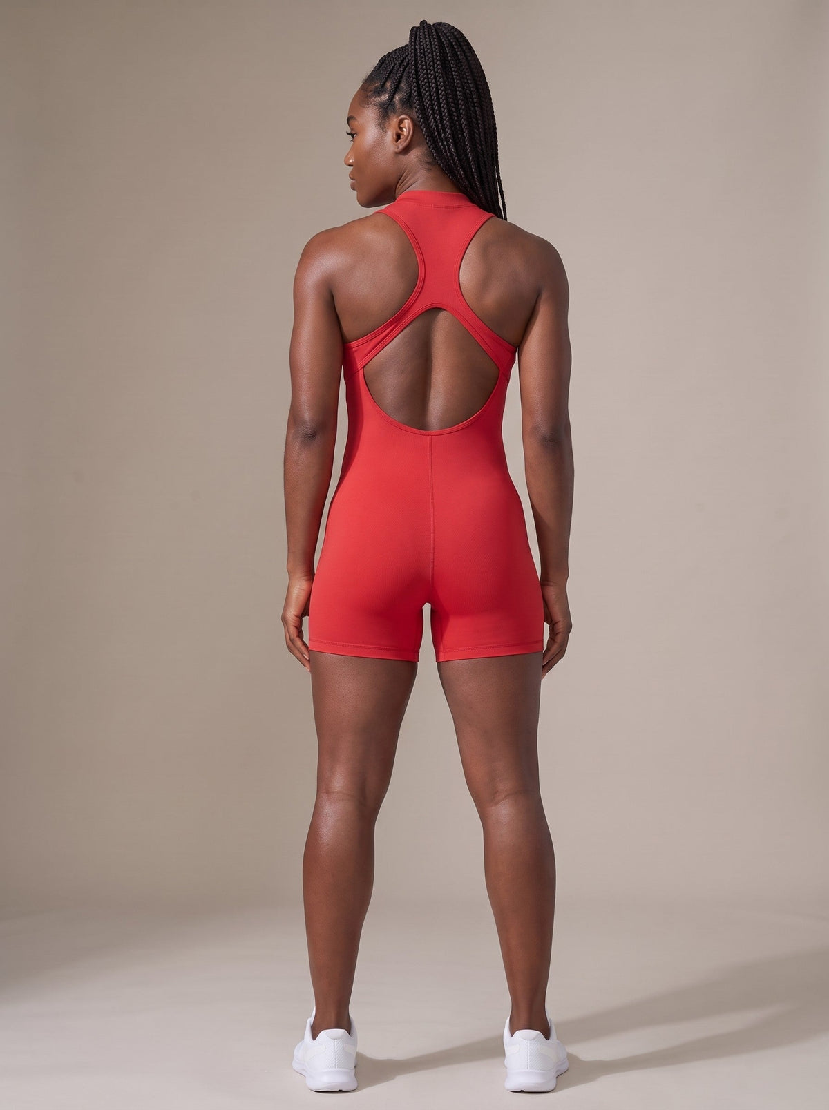 Women's Racerback Bodysuit in Red, back, on model