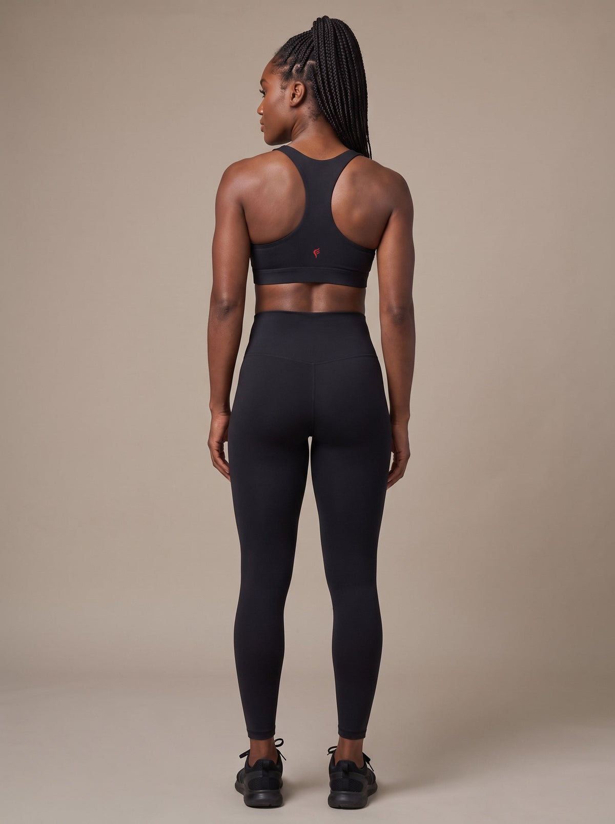 Women's Racerback Sports Bra in Black, back, on model
