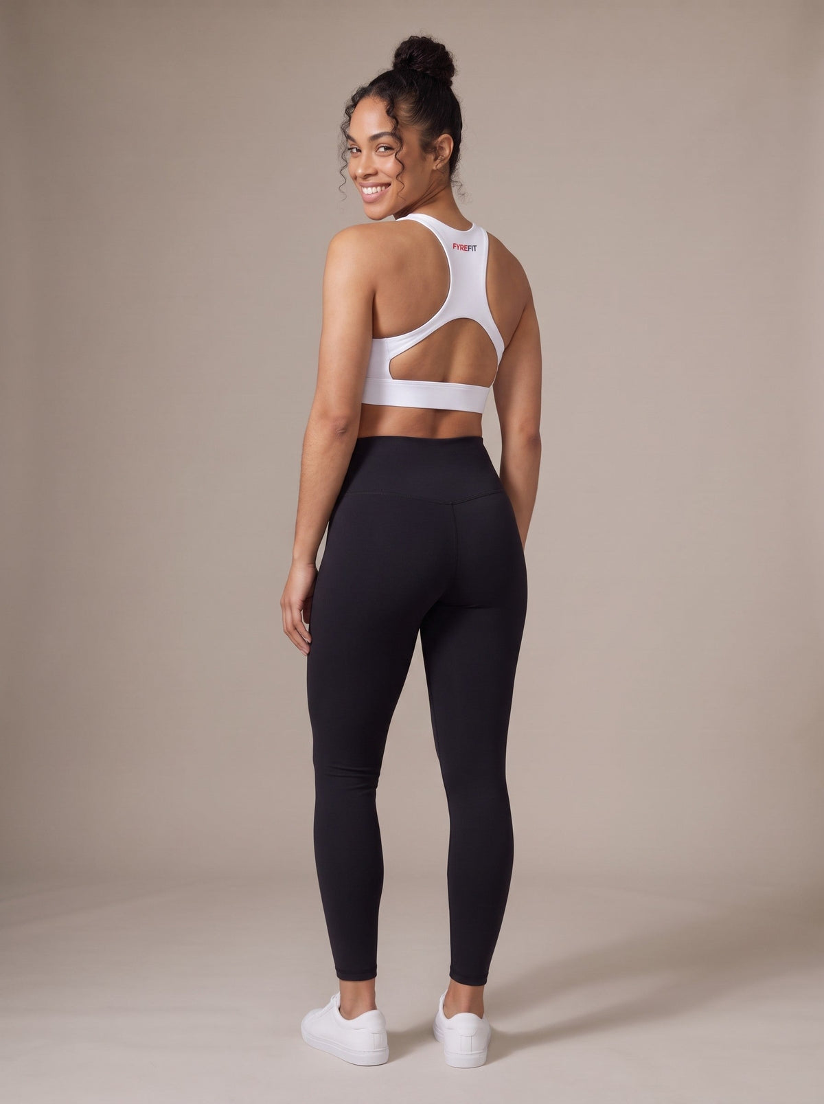 Women's Racerback Sports Bra in White, back, on model