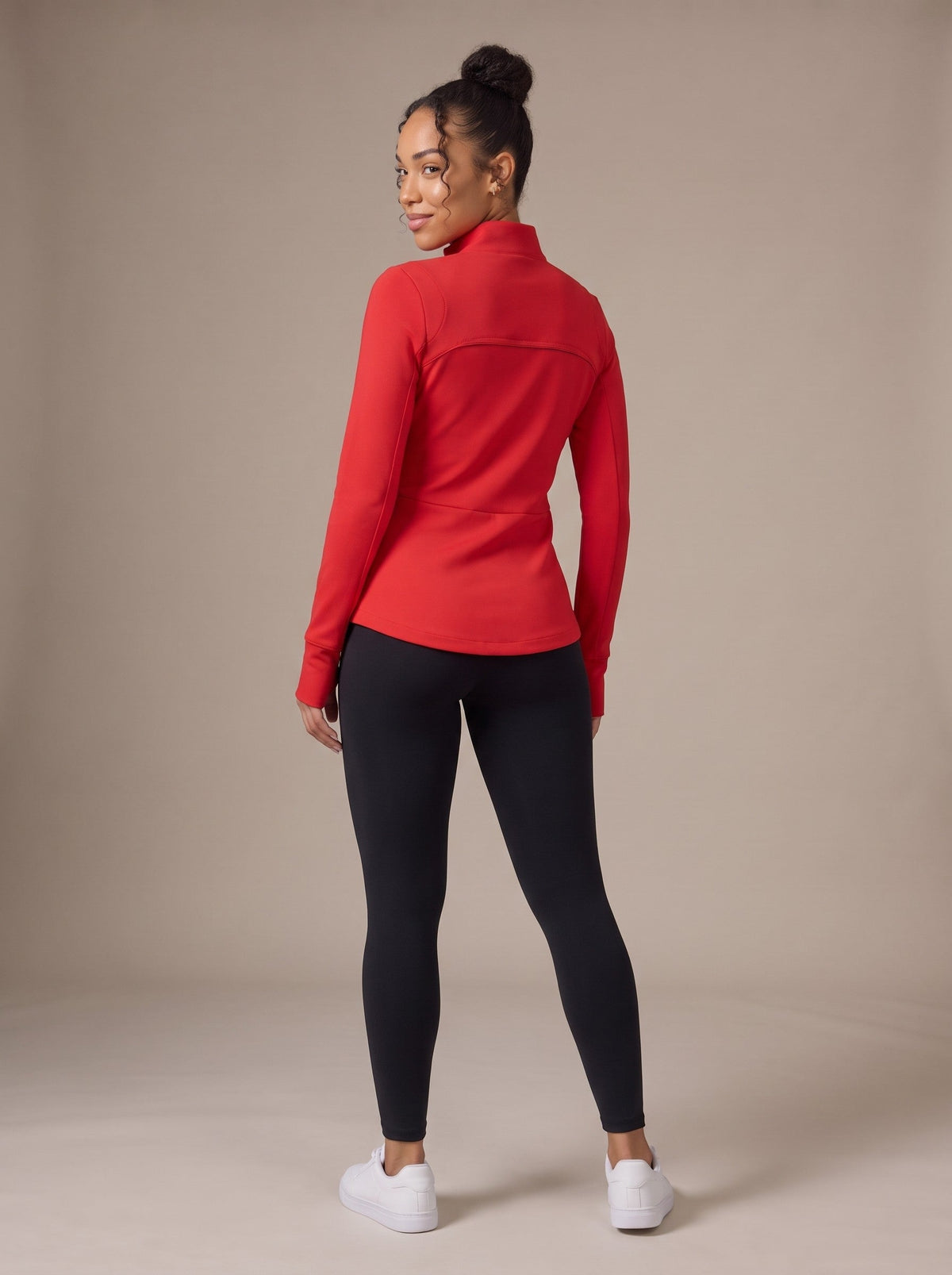 Women's Zip Up Jacket in Red, back, on model