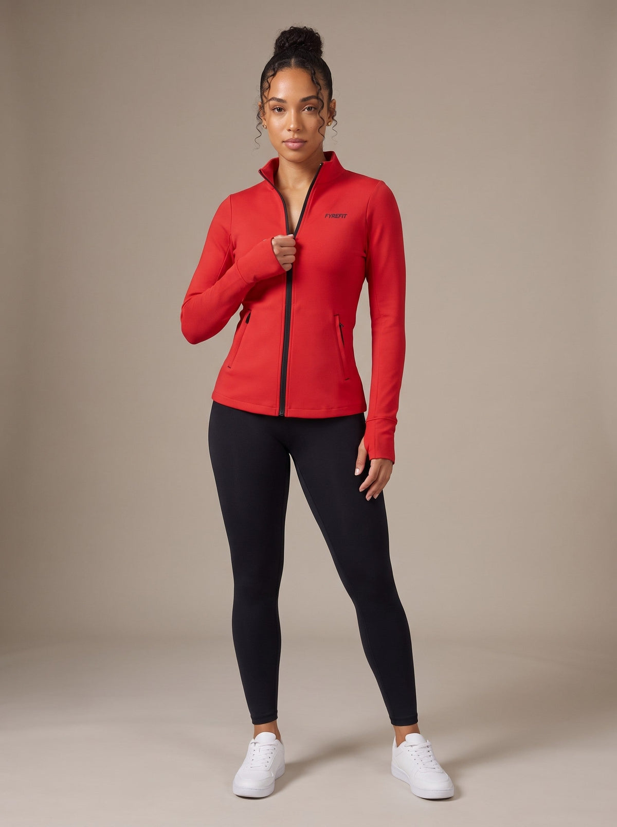 Women's Zip Up Jacket in Red, front, on model