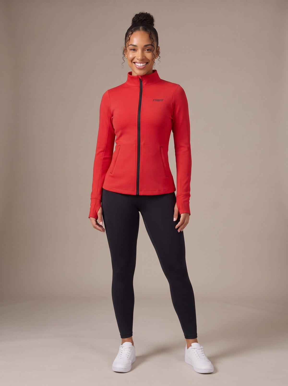 Women's Zip Up Jacket in Red, front, zipped to the top, on model