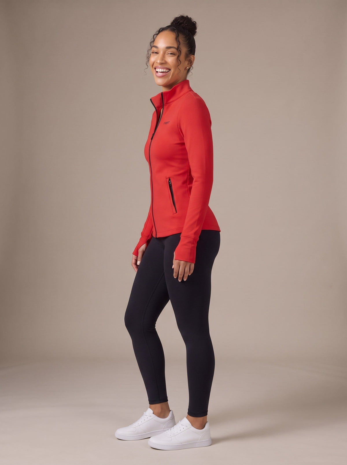 Women's Zip Up Jacket in Red, side, on model