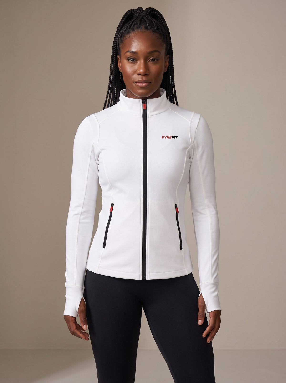 Women's Zip Up Jacket in White, front, on model