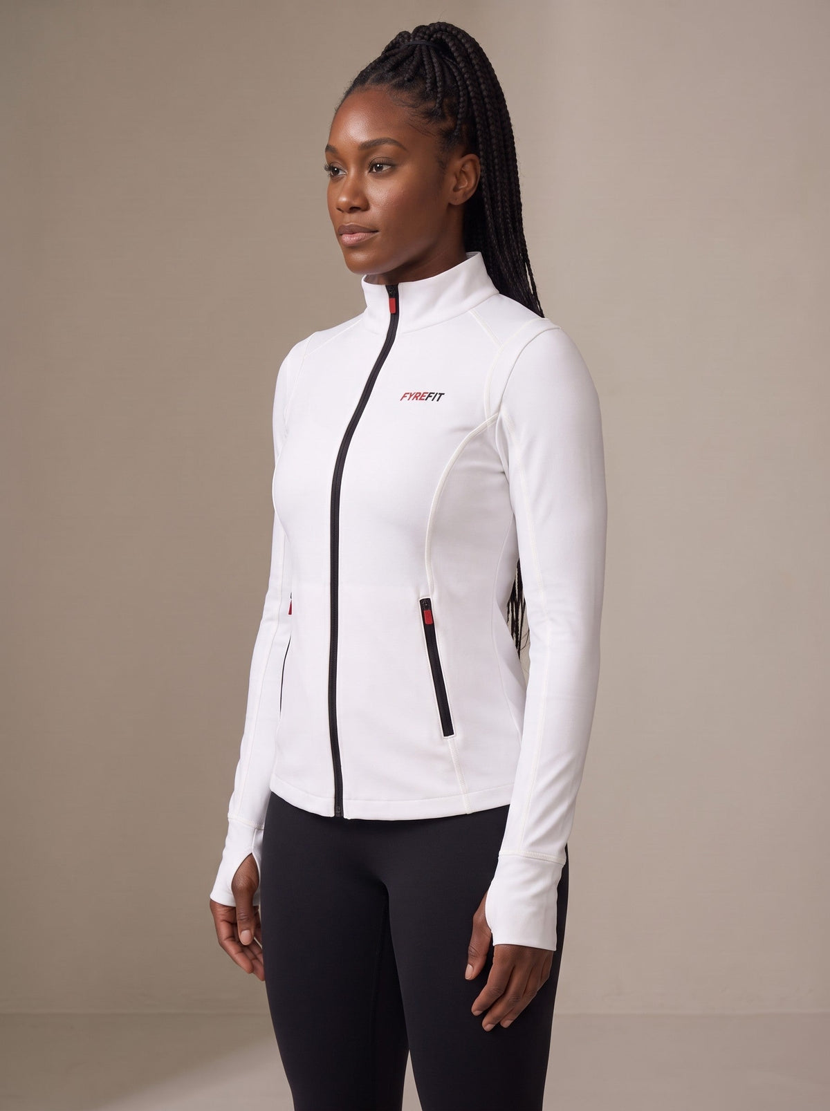 Women's Zip Up Jacket in White, side, on model