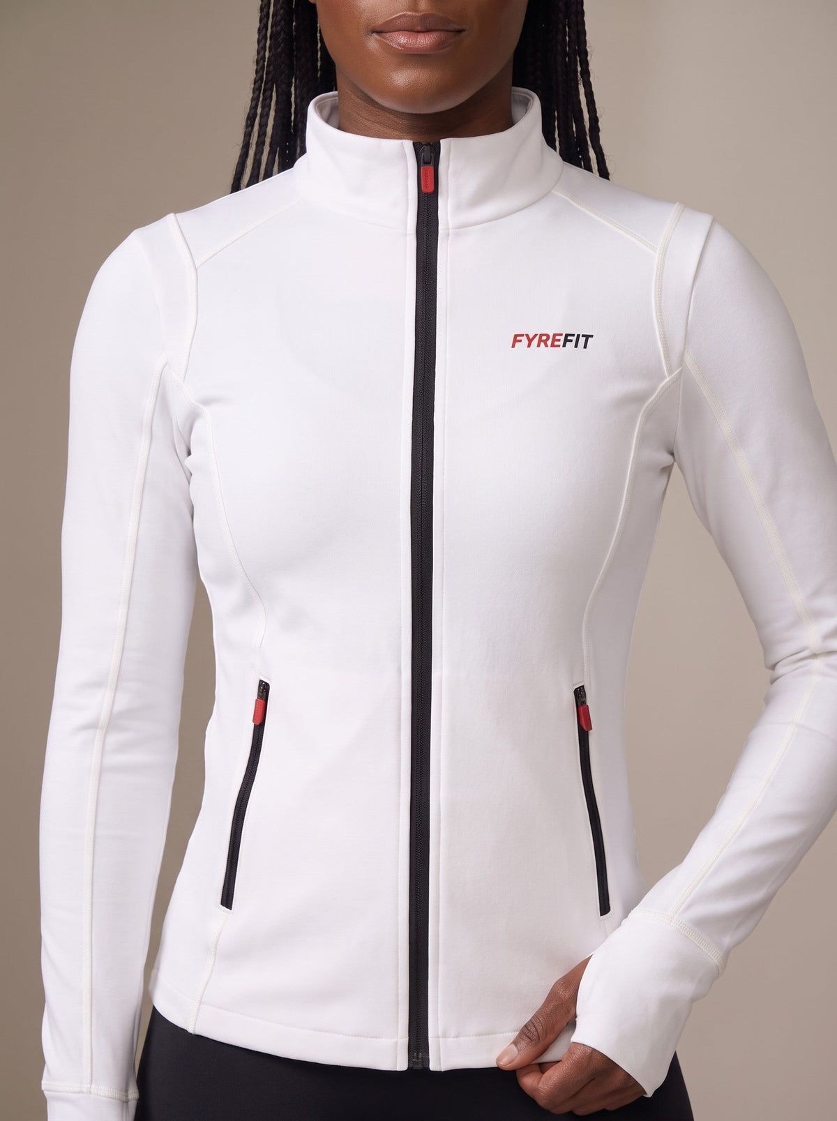 Women's Zip Up Jacket in White, zipped close-up